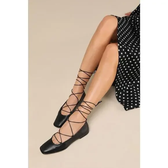 Dolce Vita Ryder Black Leather Lace-Up Ballet Flats - Picture 1 of 6